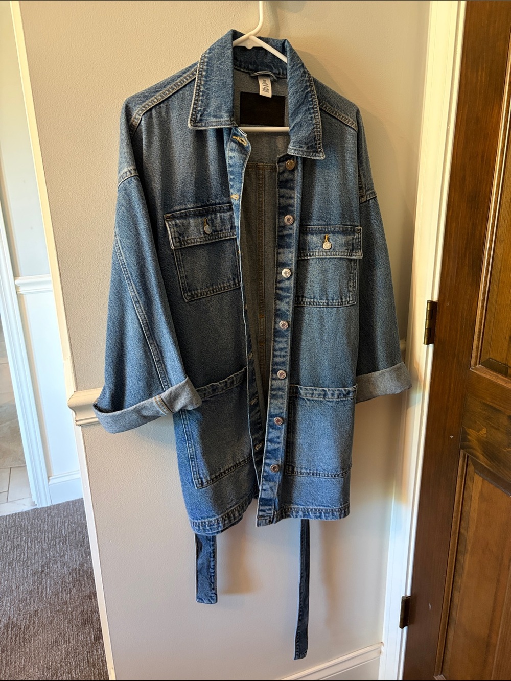 Classic Blue Denim Utility Jacket with Belt